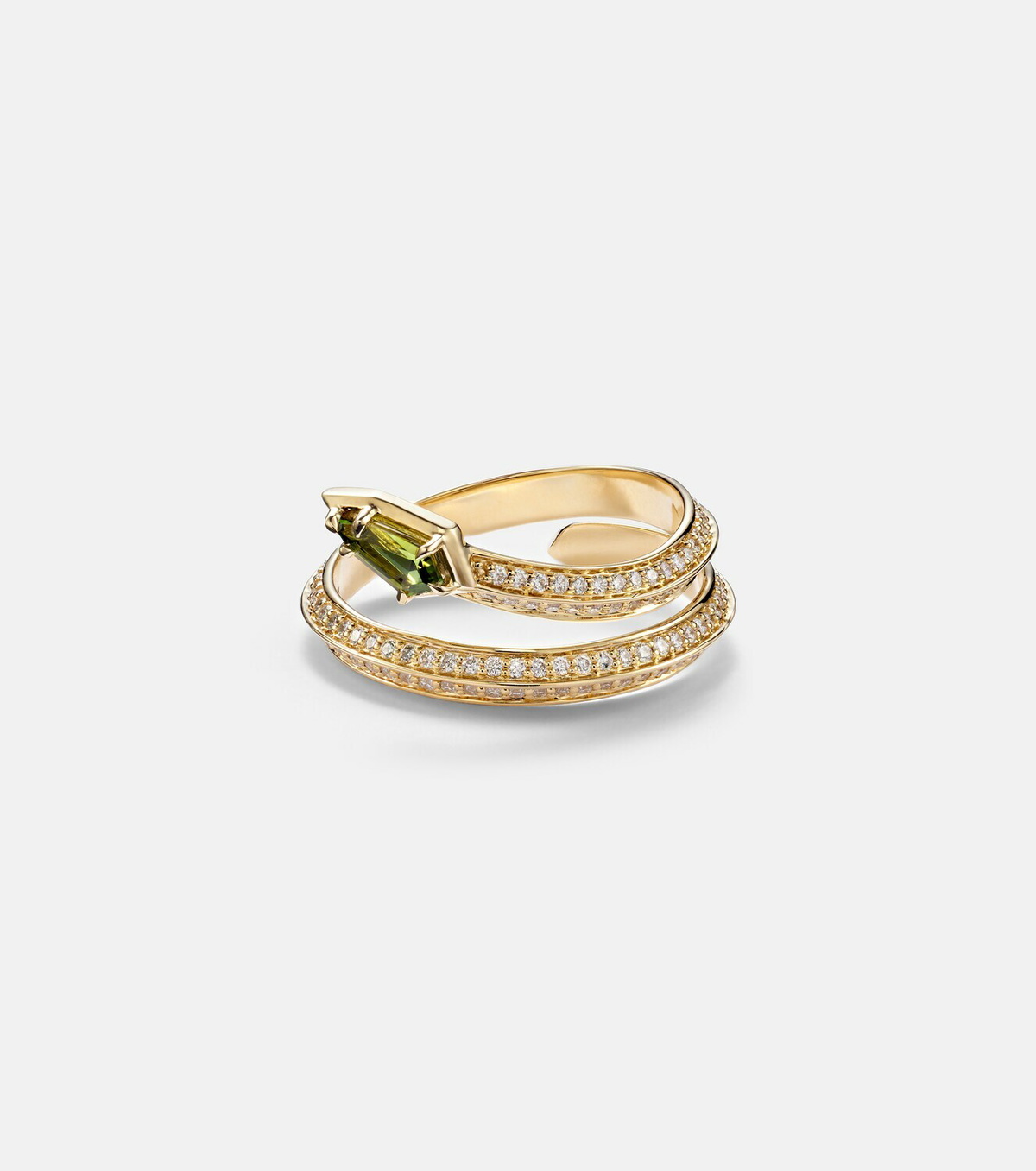 Stone and Strand Shield Serpent 14kt gold ring with diamonds and green tourmaline