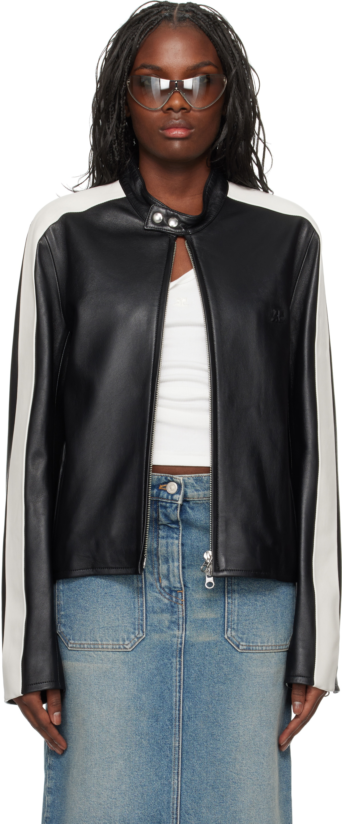Courrèges Black Contrast Biker Leather Jacket Courreges