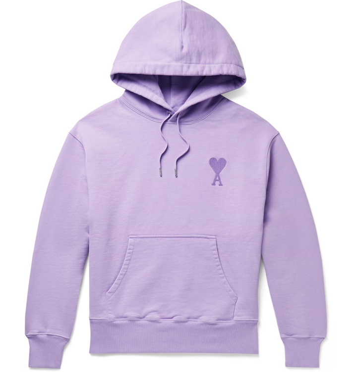 Photo: AMI PARIS - Logo-Embroidered Loopback Cotton-Jersey Hoodie - Purple