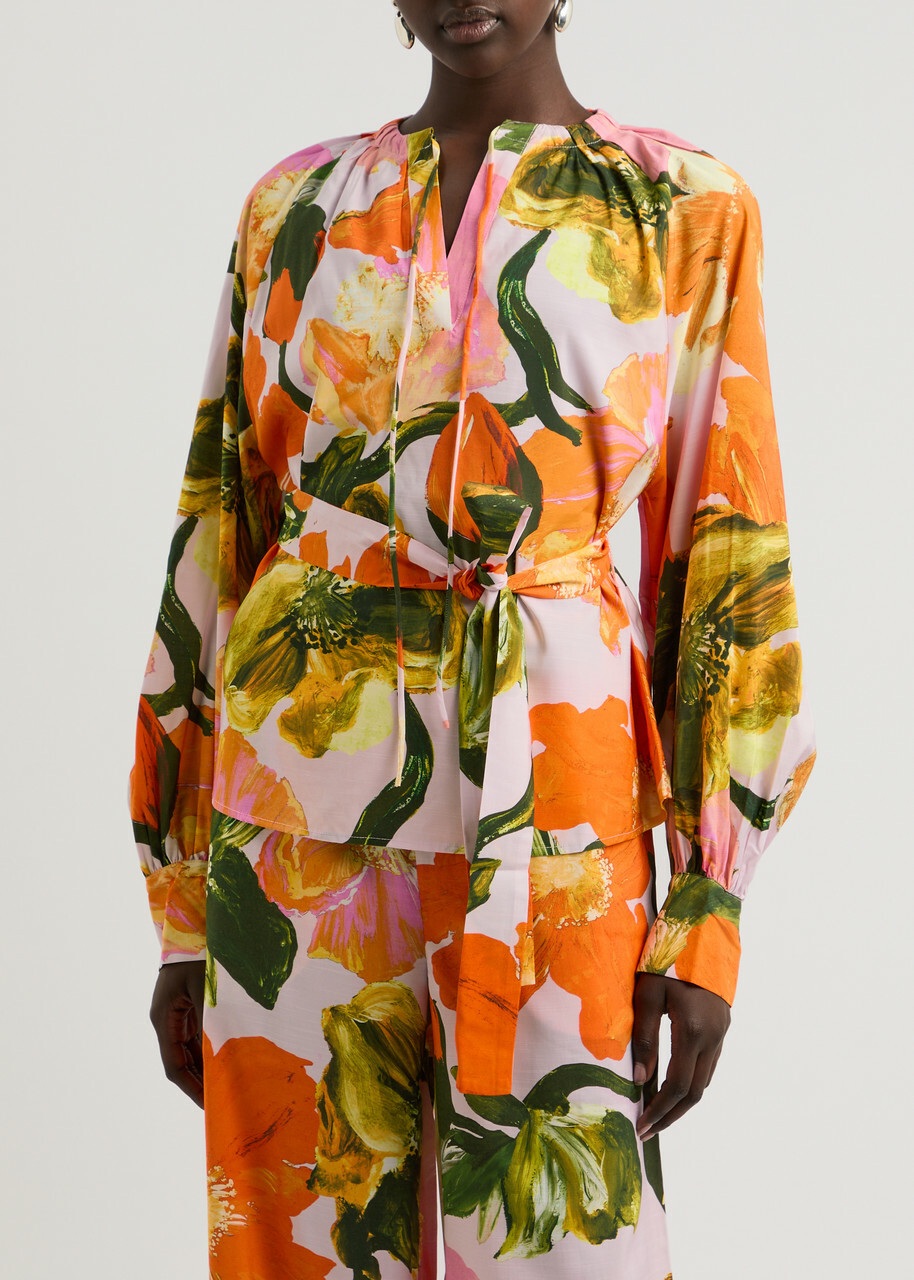 Stine Goya Vianna Floral-print Belted Blouse Orange