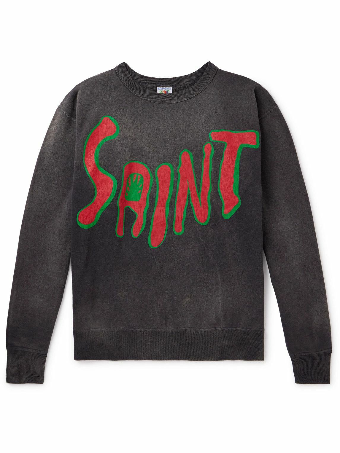 Photo: SAINT Mxxxxxx - Distressed Logo-Print Cotton-Jersey Sweatshirt - Gray
