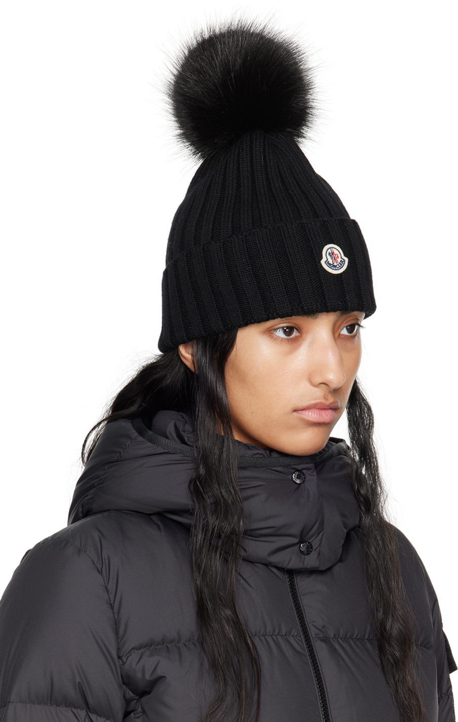 Moncler Black Knit Beanie with Pom Pom Black Wool Beanie with Faux Fur Pom Pom - Hats & Beanies for  main image 4