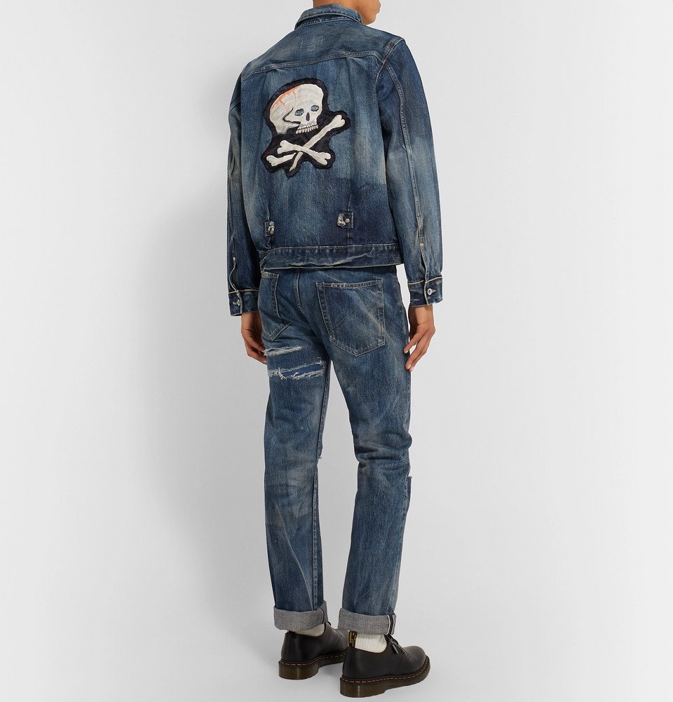 Neighborhood - Appliquéd Distressed Denim Jacket - Indigo