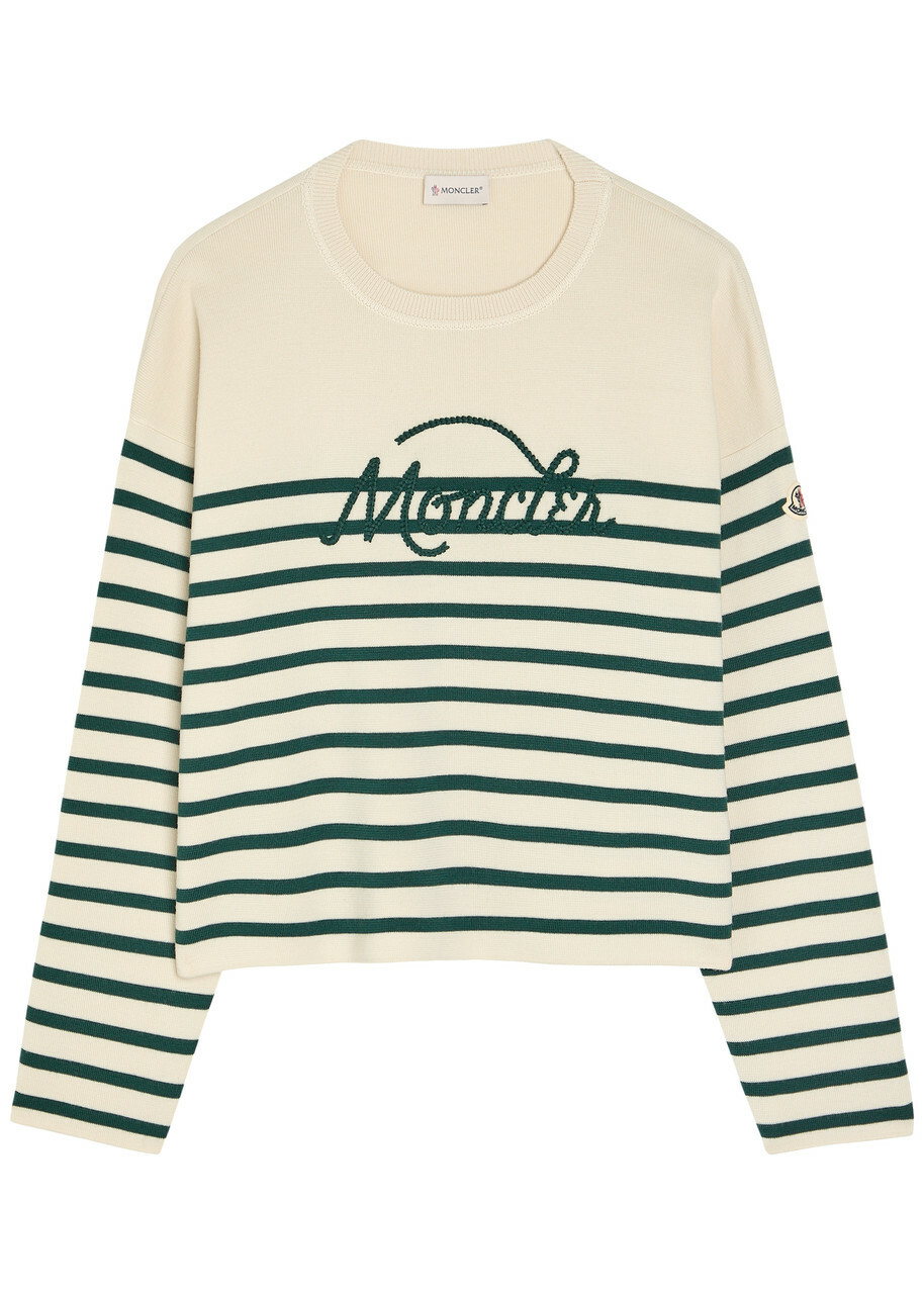 Moncler Striped Logo-embroidered Wool Jumper Beige