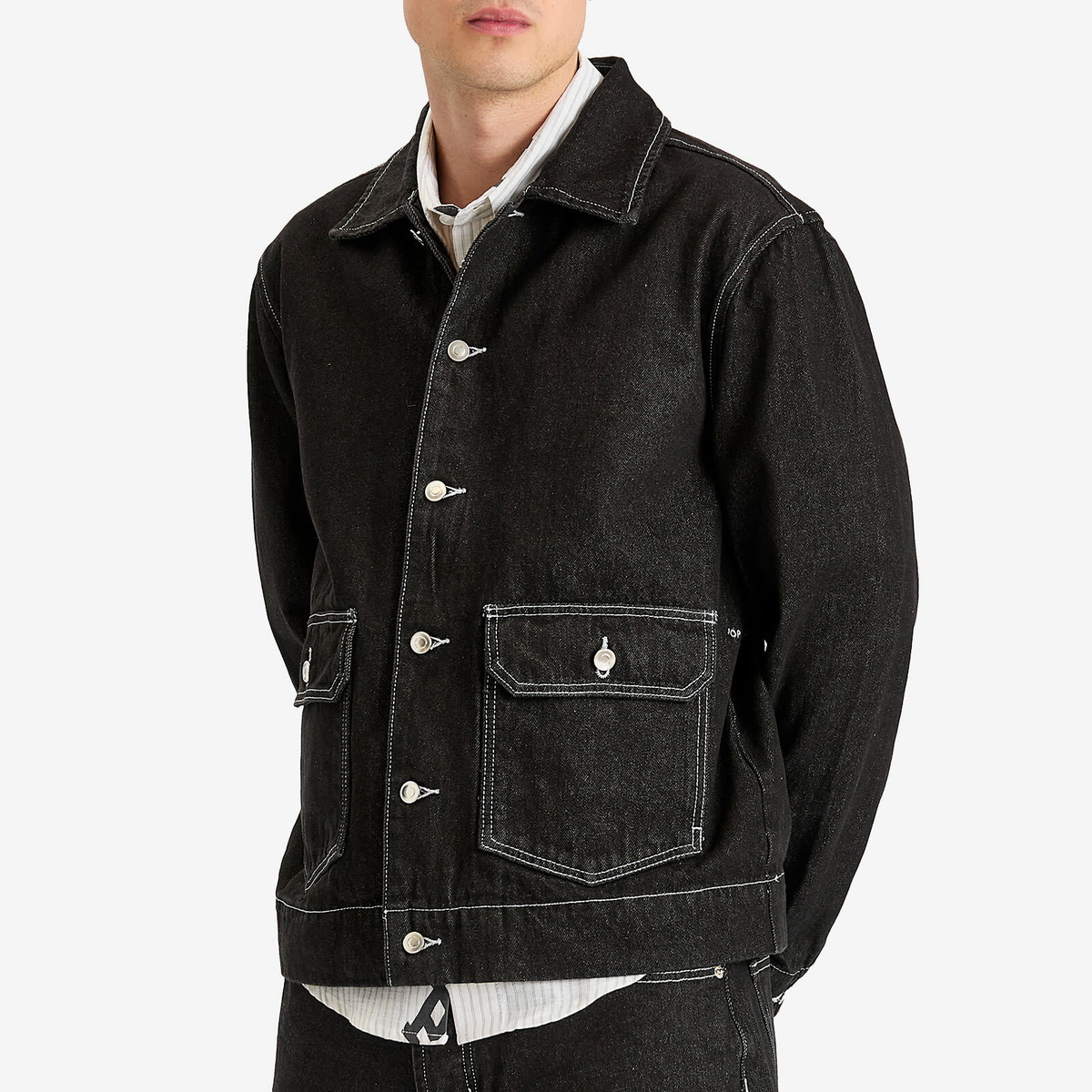 Pop Trading Company Men's Full Button Denim Jacket in Black Denim