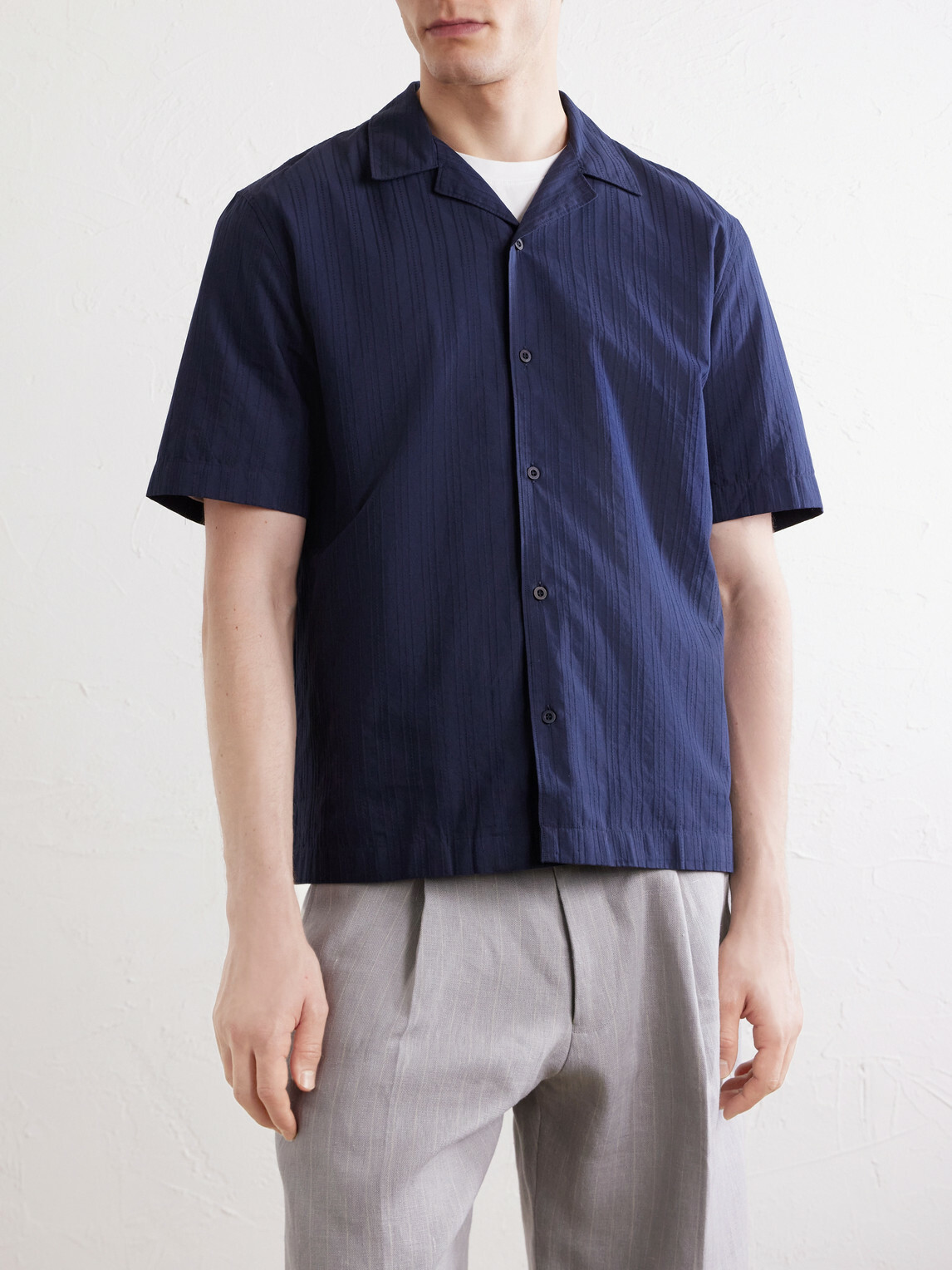 Sunspel - Camp-Collar Textured-Cotton Shirt - Blue