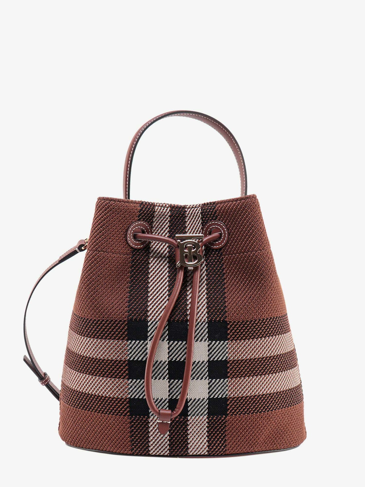 Burberry Small Check Knit Drawstring Bucket Bag