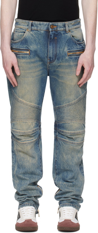 Photo: BALMAIN Blue Vintage Denim Biker Jeans