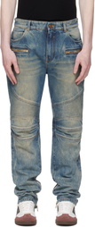 BALMAIN Blue Vintage Denim Biker Jeans
