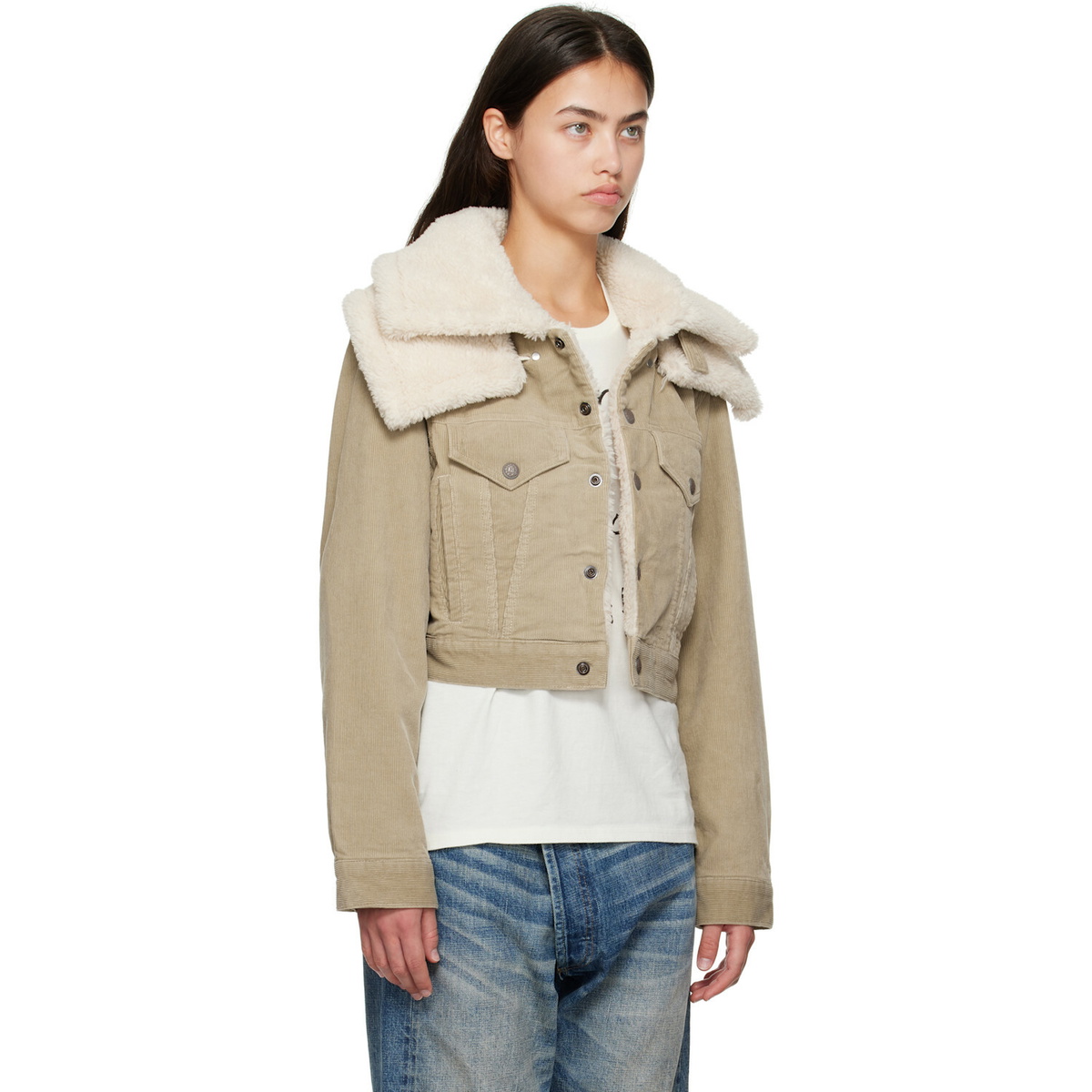 R13 Taupe Double Collar Sherpa Trucker Jacket