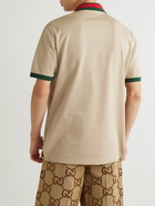 GUCCI - Logo-Embroidered Stretch-Cotton Piqué Polo Shirt - Neutrals