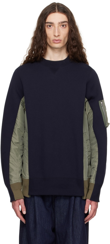 Photo: sacai Navy & Khaki Sponge Sweat & Nylon Twill Sweatshirt