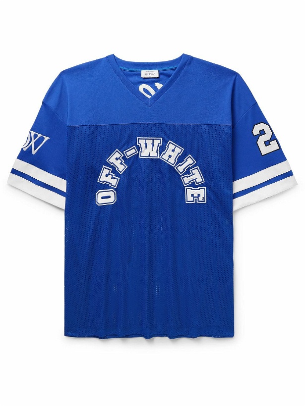 Photo: Off-White - Logo-Appliquéd Embroidered Mesh and Jersey T-Shirt - Blue
