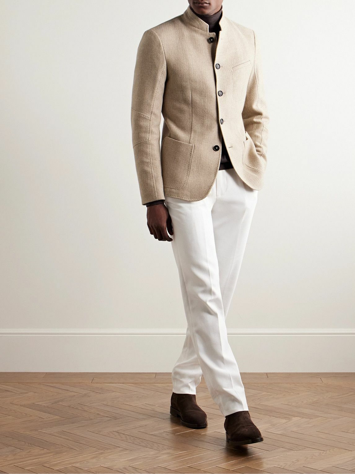 Massimo Alba Gstaad Slim Fit Nehru Collar Herringbone Wool Jacket 
