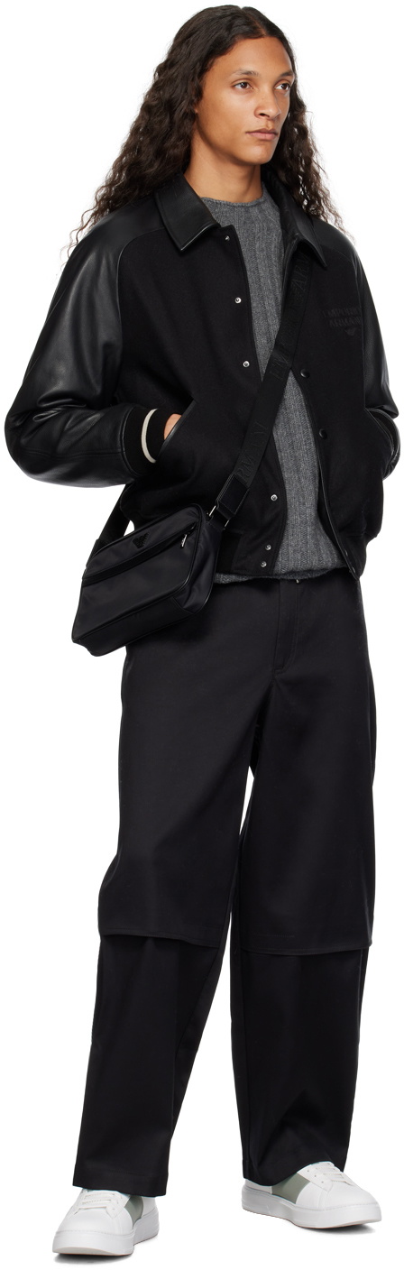 Emporio Armani Black Embroidered Leather Jacket