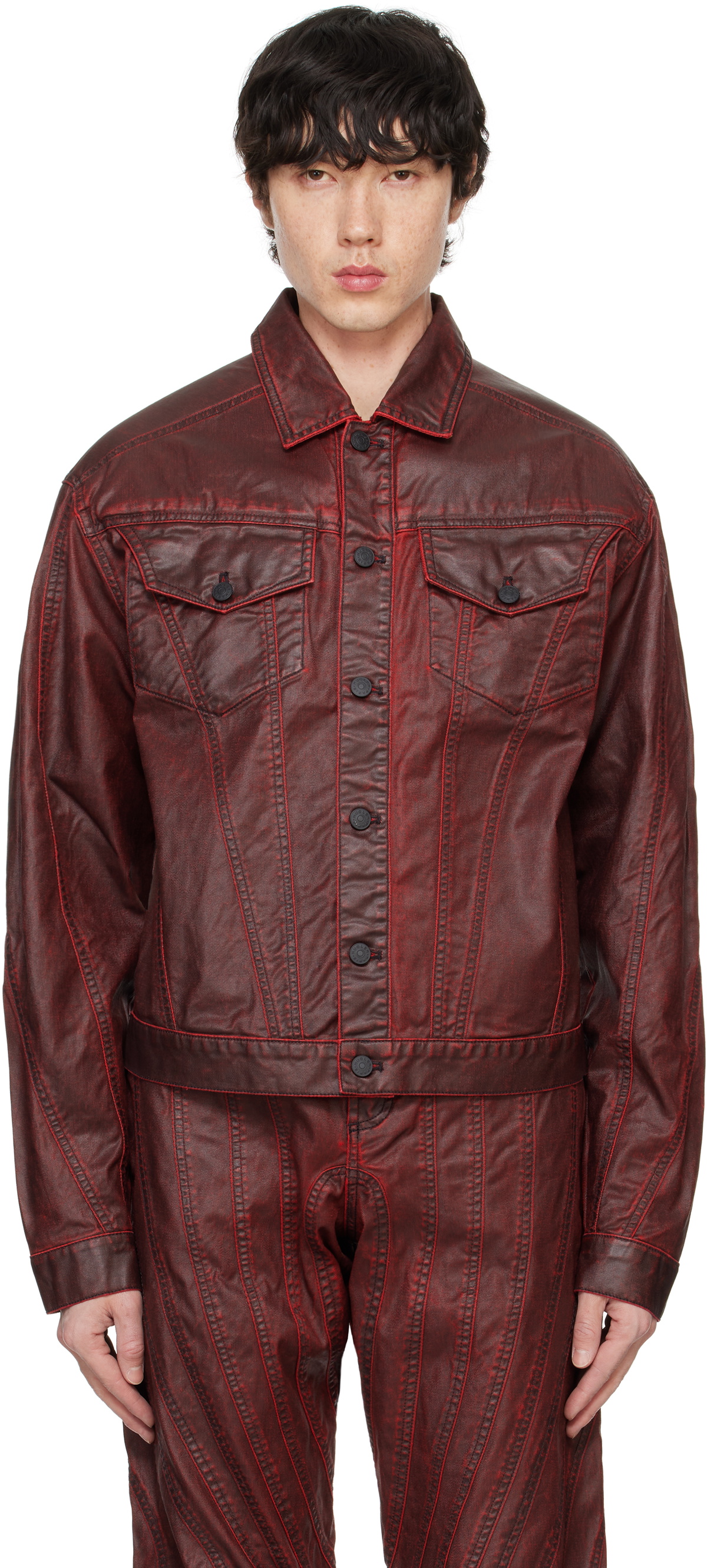 Mugler Burgundy Waxed Denim Jacket