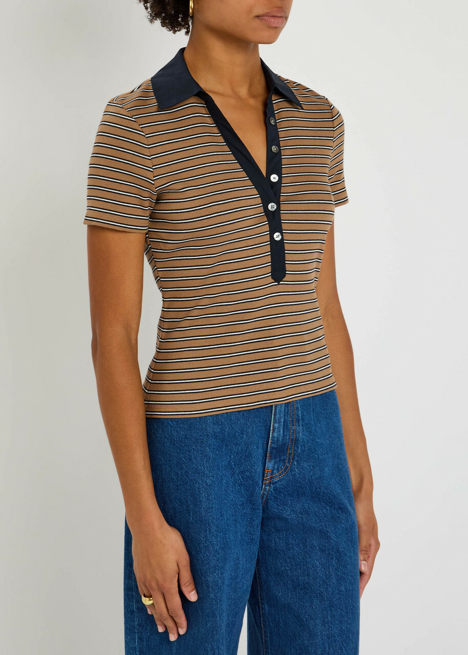 Veronica Beard Kearney Striped Stretch-cotton top Brown