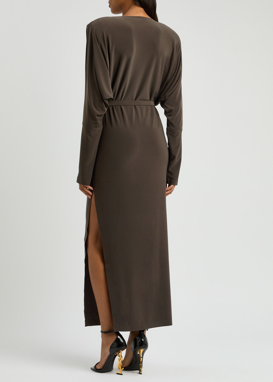 Norma Kamali Belted Stretch-jersey Maxi Dress Dark Brown