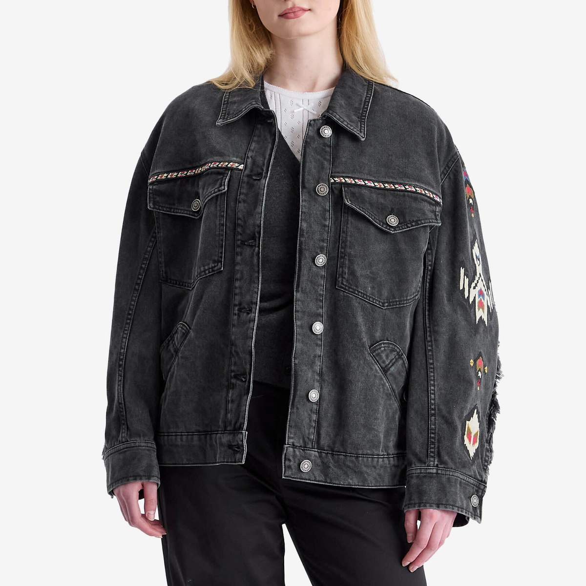 Isabel Marant Étoile Women's Manona Embroidered Denim Jacket in Dark Grey