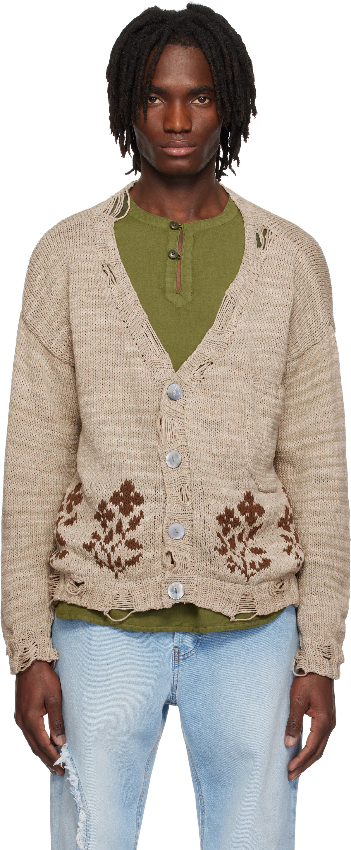 Kartik Research Beige Distressed Cardigan