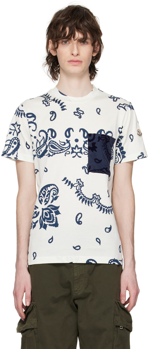 MONCLER　バンダナ柄切り抜き　ホワイトTシャツ Moncler White & Navy Bandana Print T-Shirt Moncler