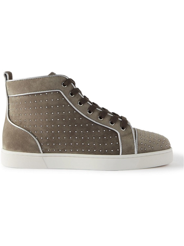 Photo: Christian Louboutin - Louis Plume Leather-Trimmed Studded Suede High-Top Sneakers - Gray