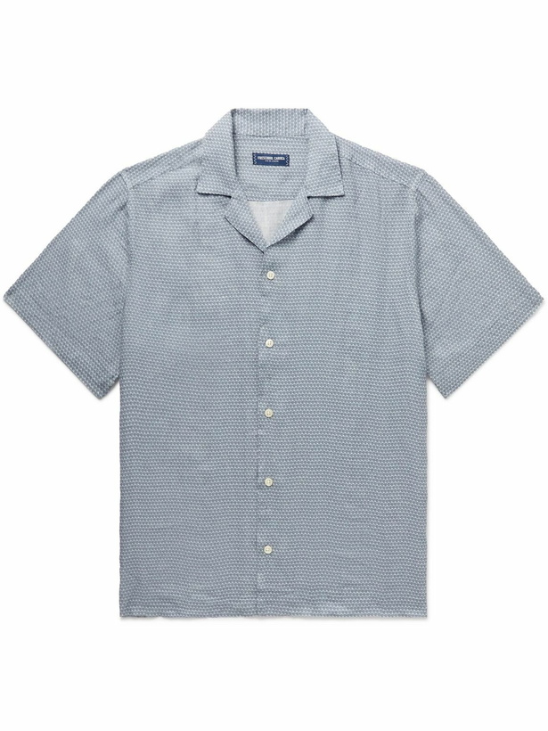 Photo: Frescobol Carioca - Roberto Camp-Collar Printed Linen Shirt - Blue