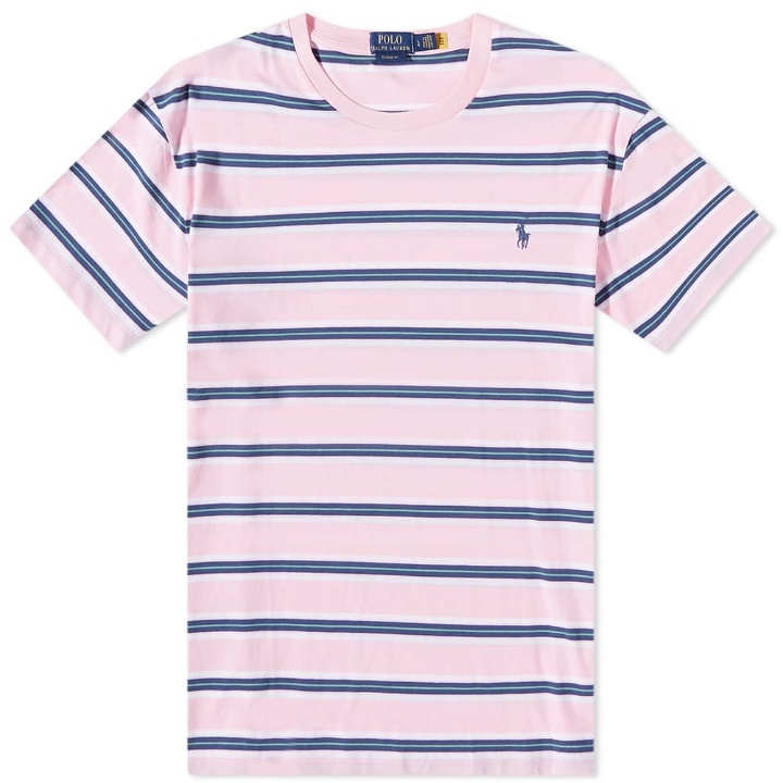 Photo: Polo Ralph Lauren Men's Multi Striped T-Shirt in Carmel Pink Multi