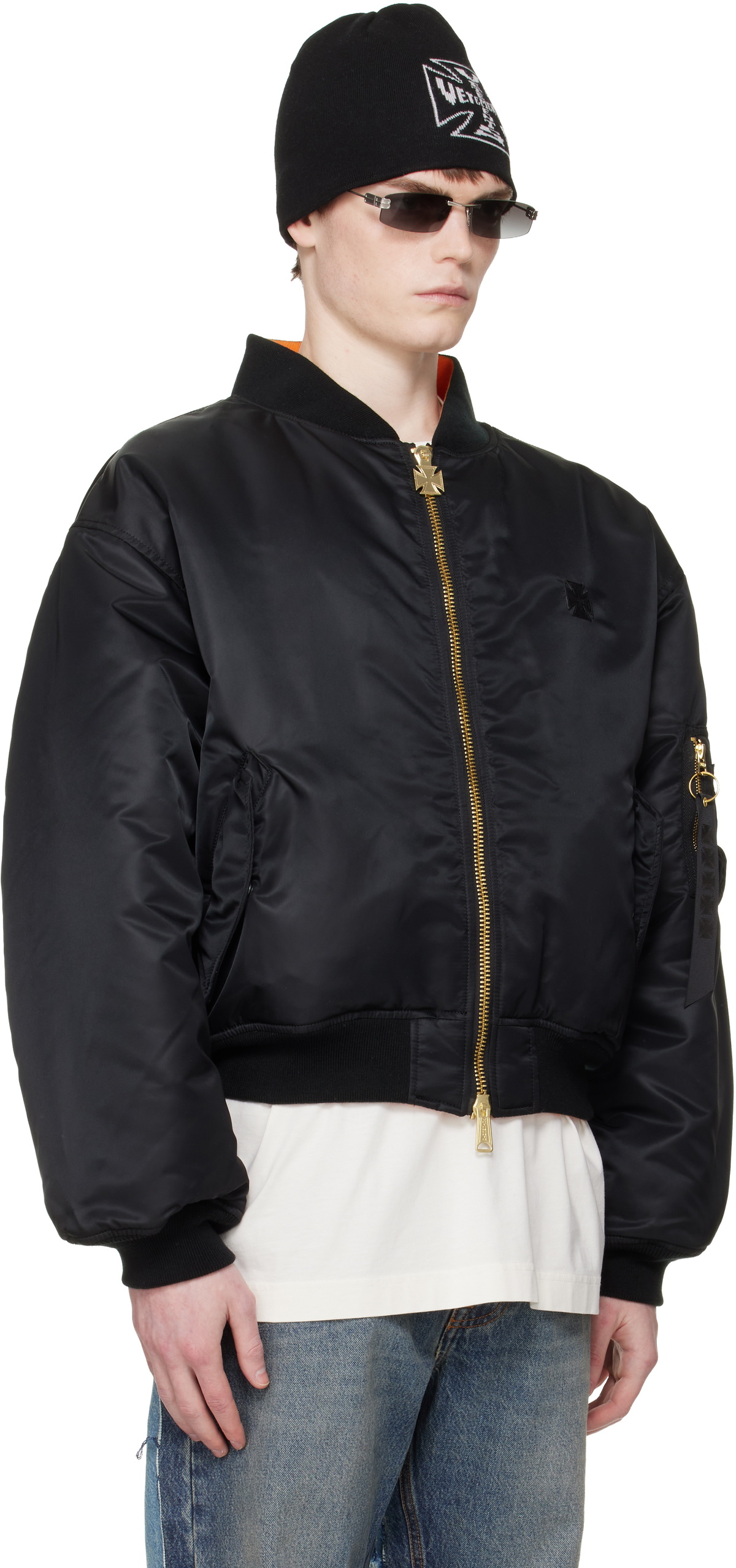 VETEMENTS Black Leather Crosses Bomber Jacket
