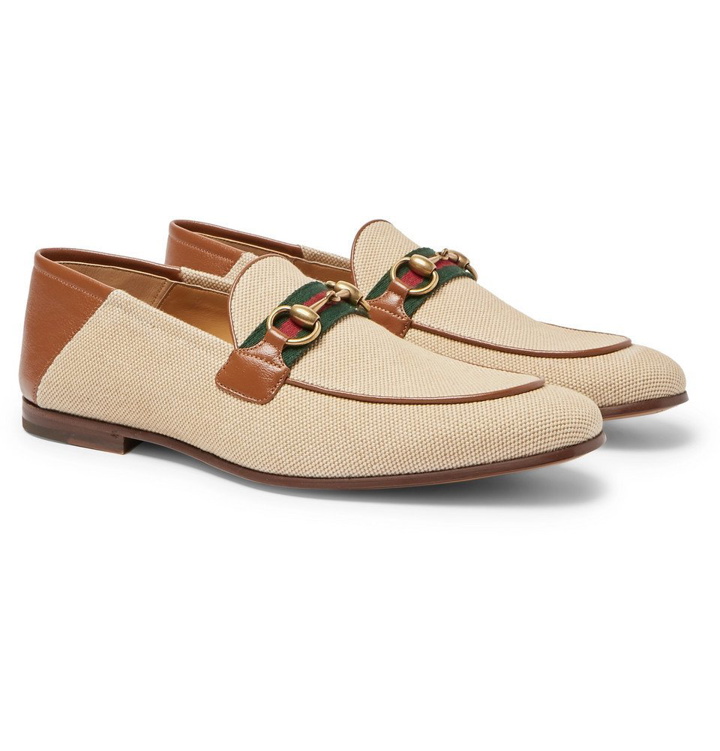 Photo: Gucci - Brixton Webbing-Trimmed Horsebit Collapsible-Heel Canvas and Leather Loafers - Ecru