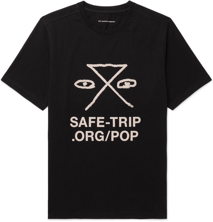 Photo: Pop Trading Company - SAFE-TRIP.ORG Logo-Print Cotton-Jersey T-Shirt - Black