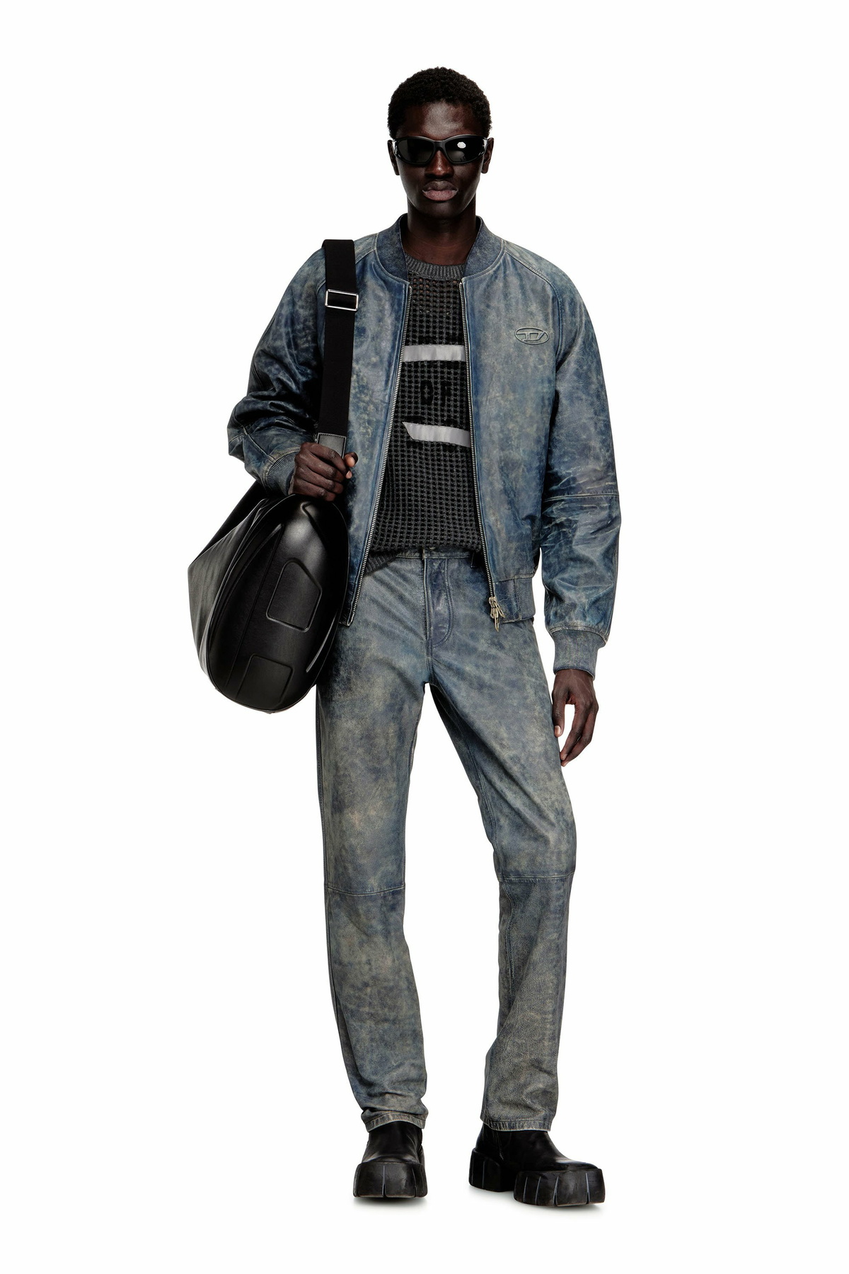 Diesel Bomber jacket in treated leather - Leather jackets Mens in Blue