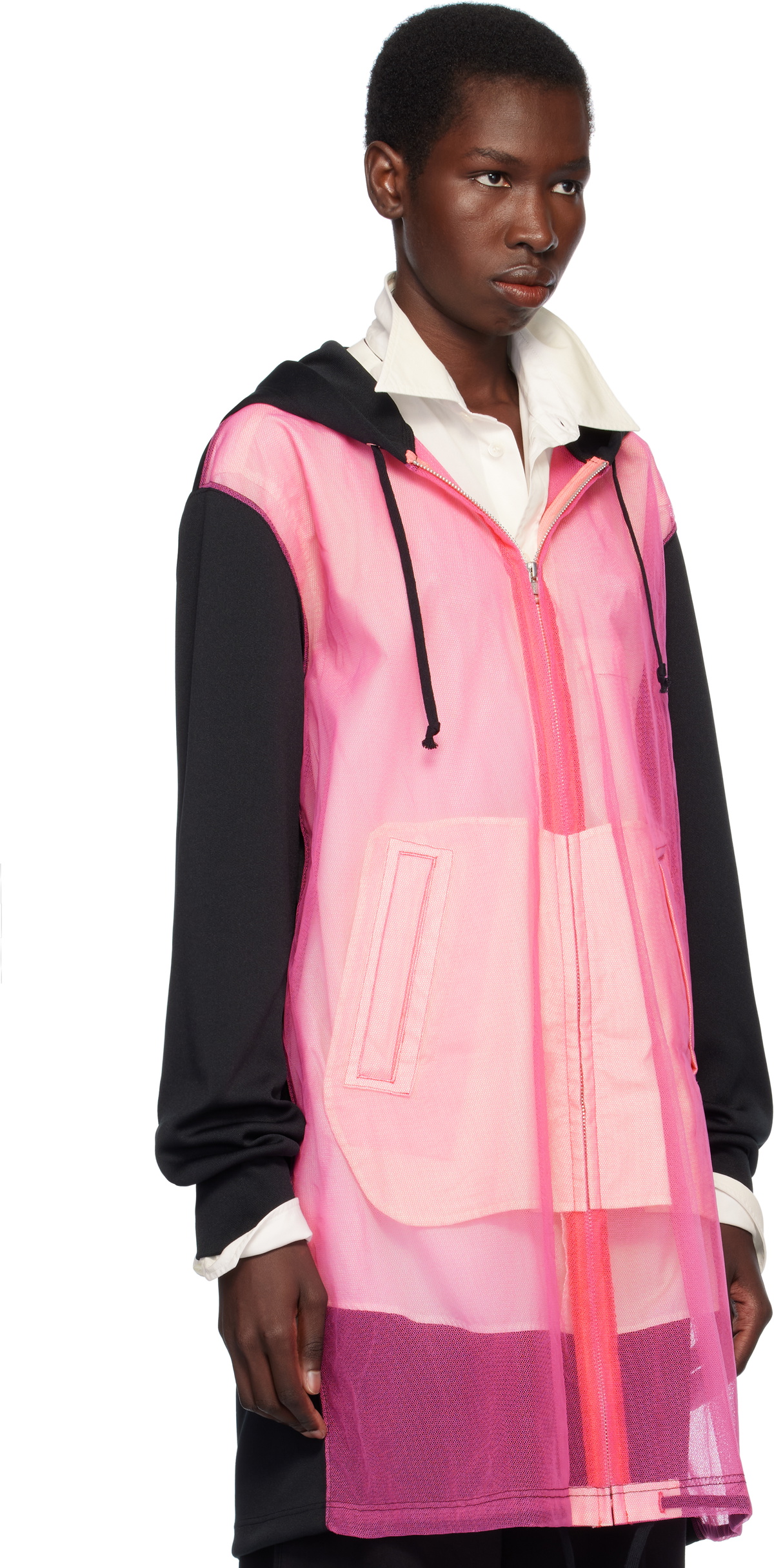 Comme des Garçons Homme Plus Black & Pink Polyester Thick & Nylon Tulle Zip-Up Hoodie