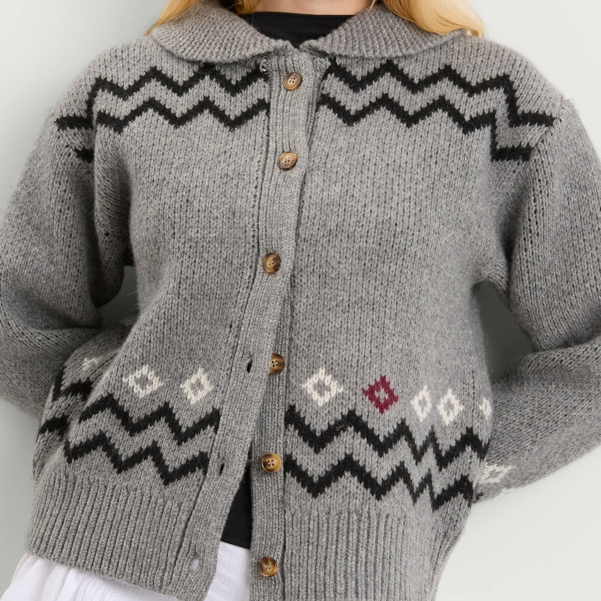 Damson Madder Women's Cecily Bunny Intarsia Collar Cardigan in Grey