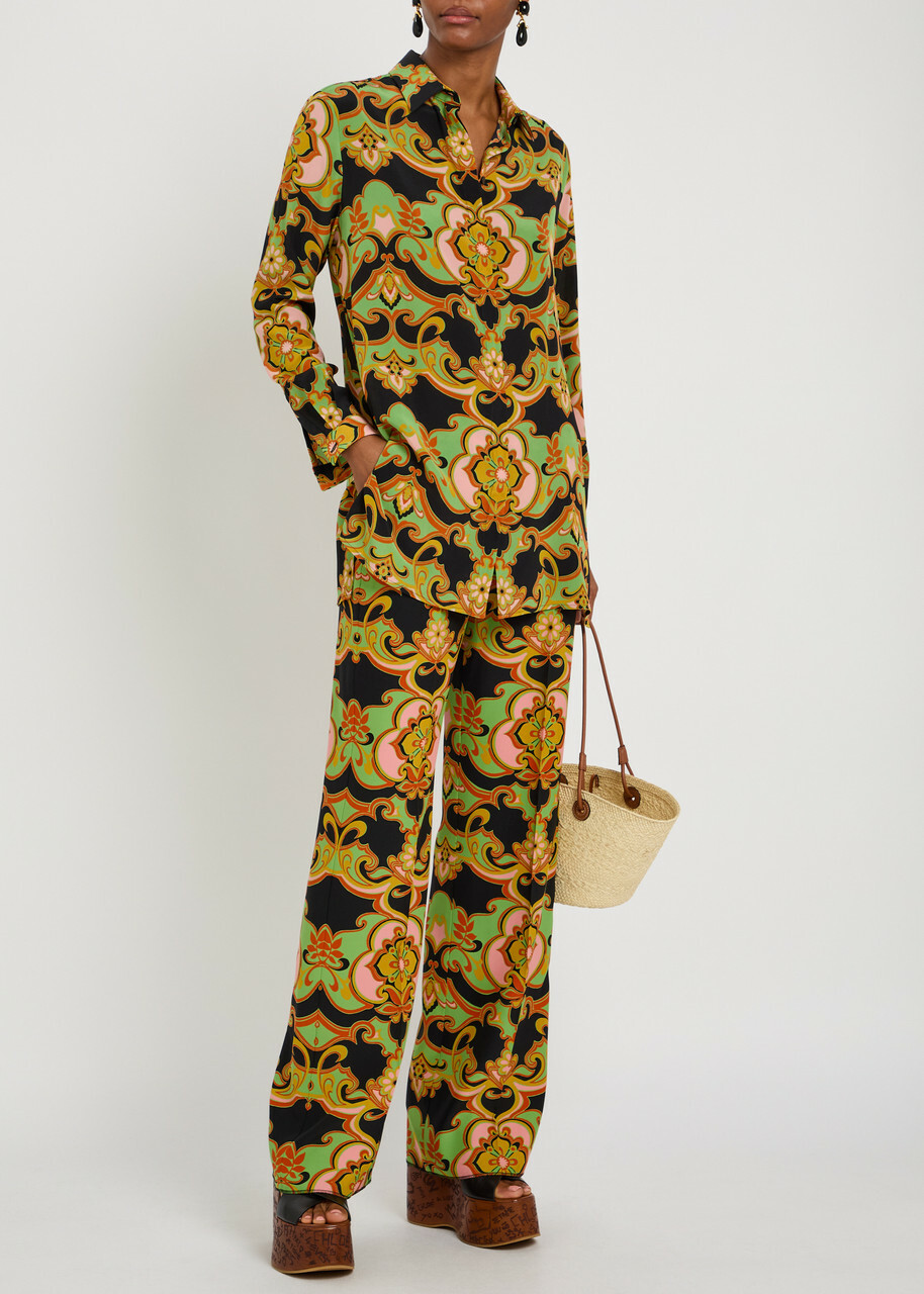 Etro Patterned Straight-leg Silk Trousers Black
