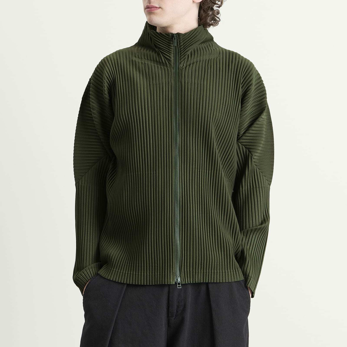 Homme Plissé Issey Miyake Men's Pleat Zip Up Cardigan in Duomo Door Green