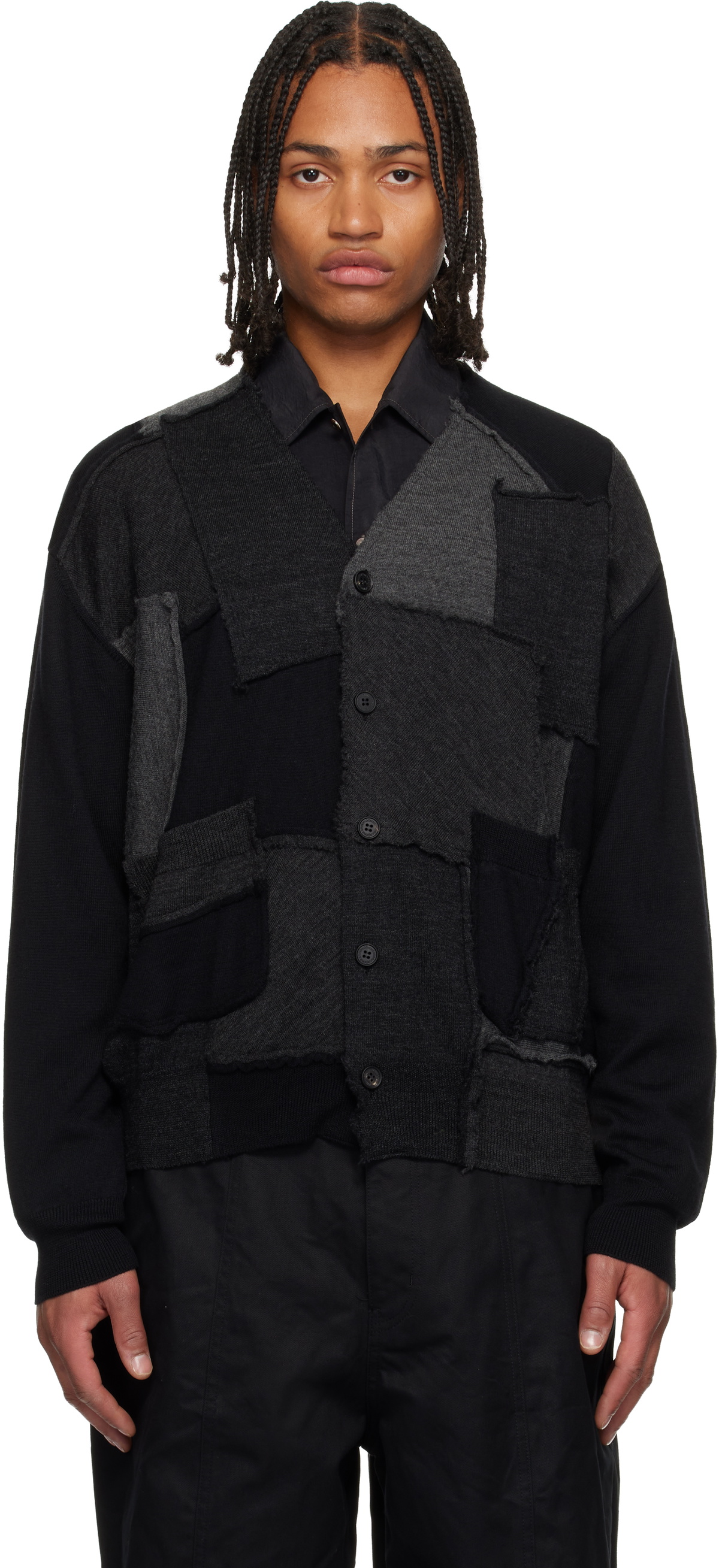 Comme des Garçons Homme Black Worsted Wool Jersey Patchwork Cardigan