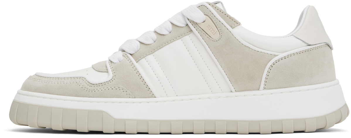 AMI Paris White & Gray Leather Low Top Walk Sneakers