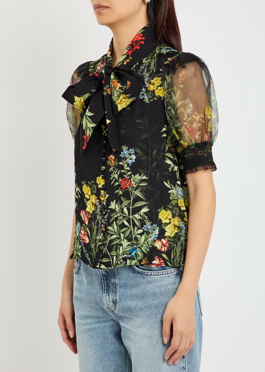 Alice + Olivia Brentley Floral-print Woven Blouse Black