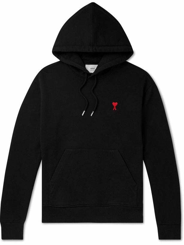 Photo: AMI PARIS - Logo-Embroidered Cotton-Jersey Hoodie - Black