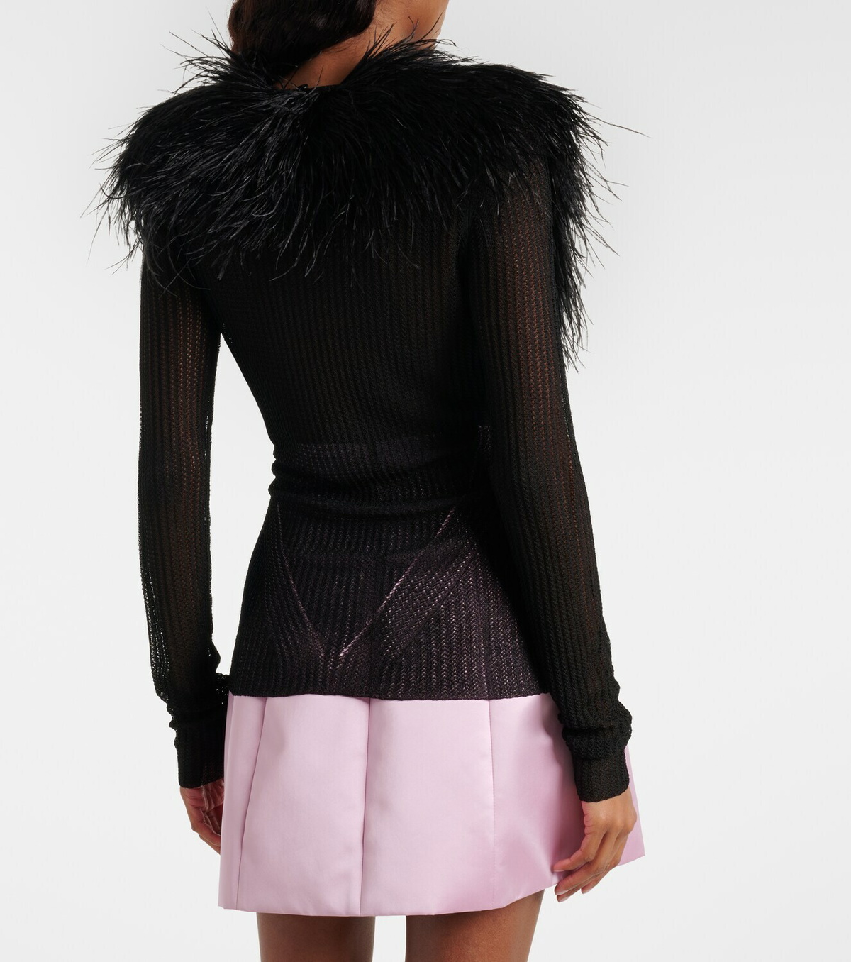 Blumarine Feather-trimmed ribbed-knit cardigan
