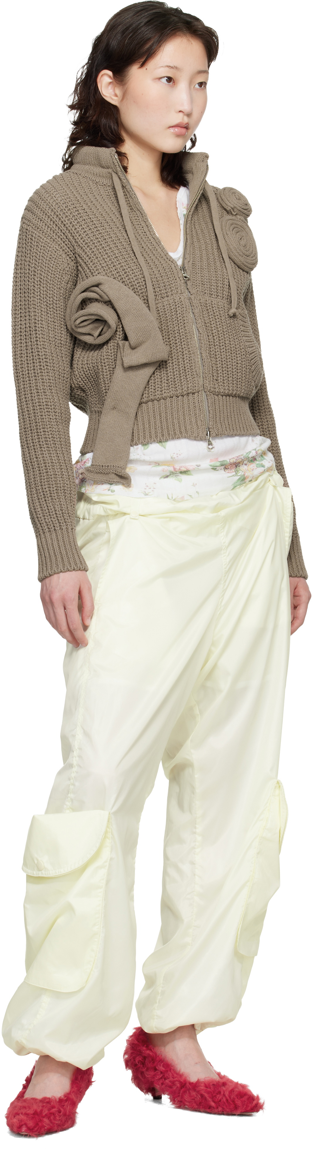 OPEN YY Taupe Applique Knit Zipup Sweater