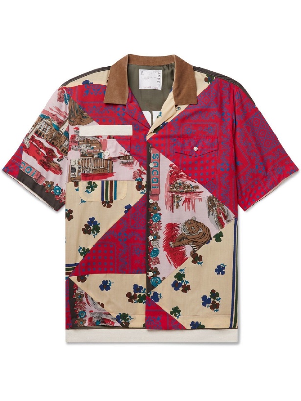 Photo: SACAI - Hank Willis Thomas Camp-Collar Velvet-Trimmed Patchwork Woven Shirt - Multi