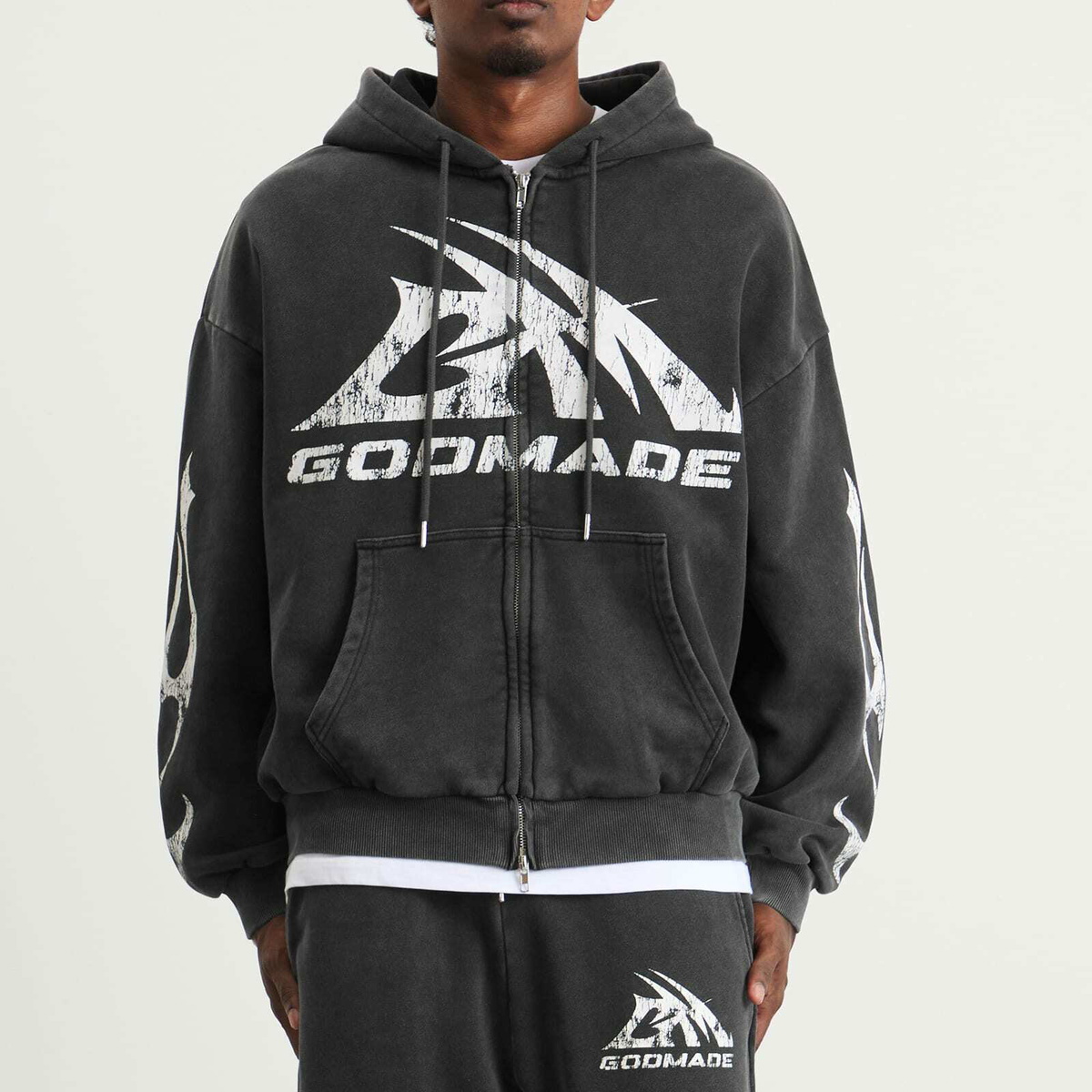 God Made Men's GM Logo Zip Hoodie in Washed Grey