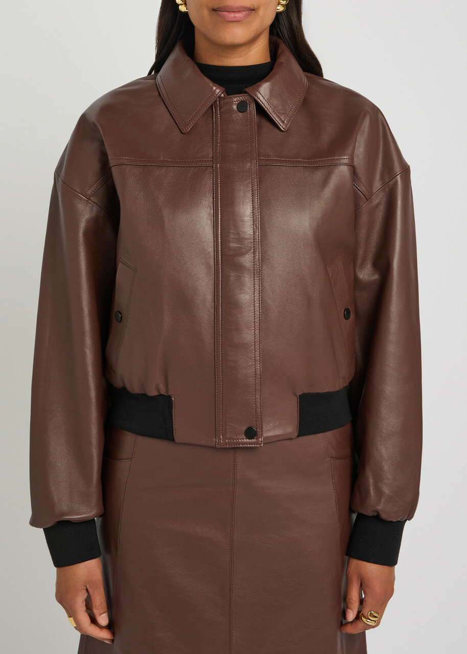 Skiim Sarah Leather Bomber Jacket Dark Brown