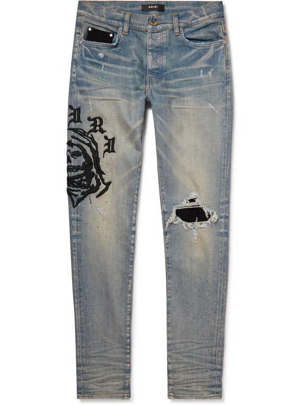 Photo: AMIRI - Wes Lang Skinny-Fit Distressed Embroidered Jeans - Blue