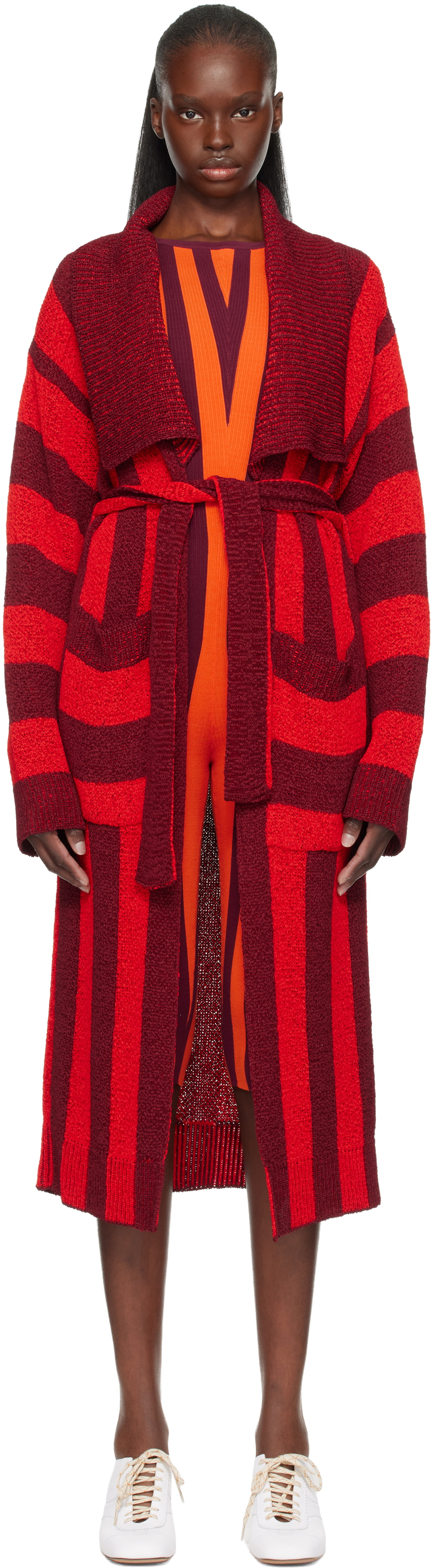 Dries Van Noten Red & Burgundy Loose Belted Cardigan