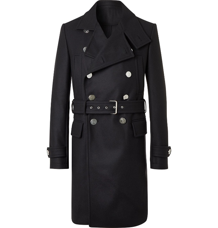 Photo: BALMAIN - Belted Double-Breasted Virgin Wool-Blend Coat - Blue