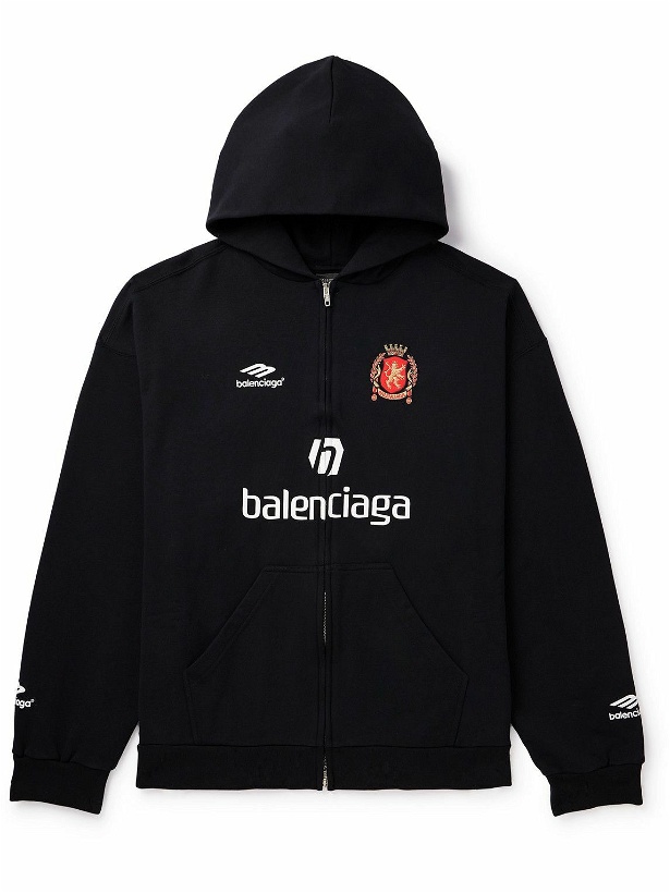 Photo: Balenciaga - 2024 Soccer Oversized Logo-Detailed Cotton-Jersey Zip-Up Hoodie - Black