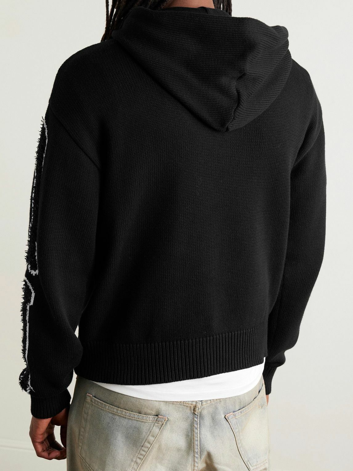 AMIRI - Bones Logo-Embroidered Intarsia-Knit Cotton-Blend Hoodie - Black